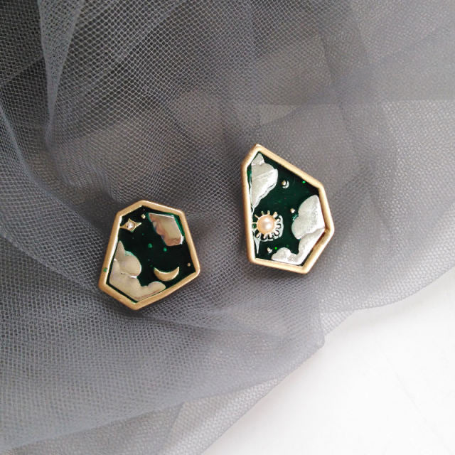 retro sun alloy enamel ear studs 1 pair