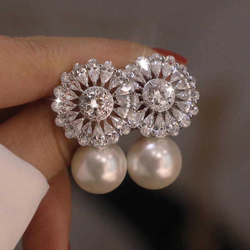 flower pearl zircon earrings