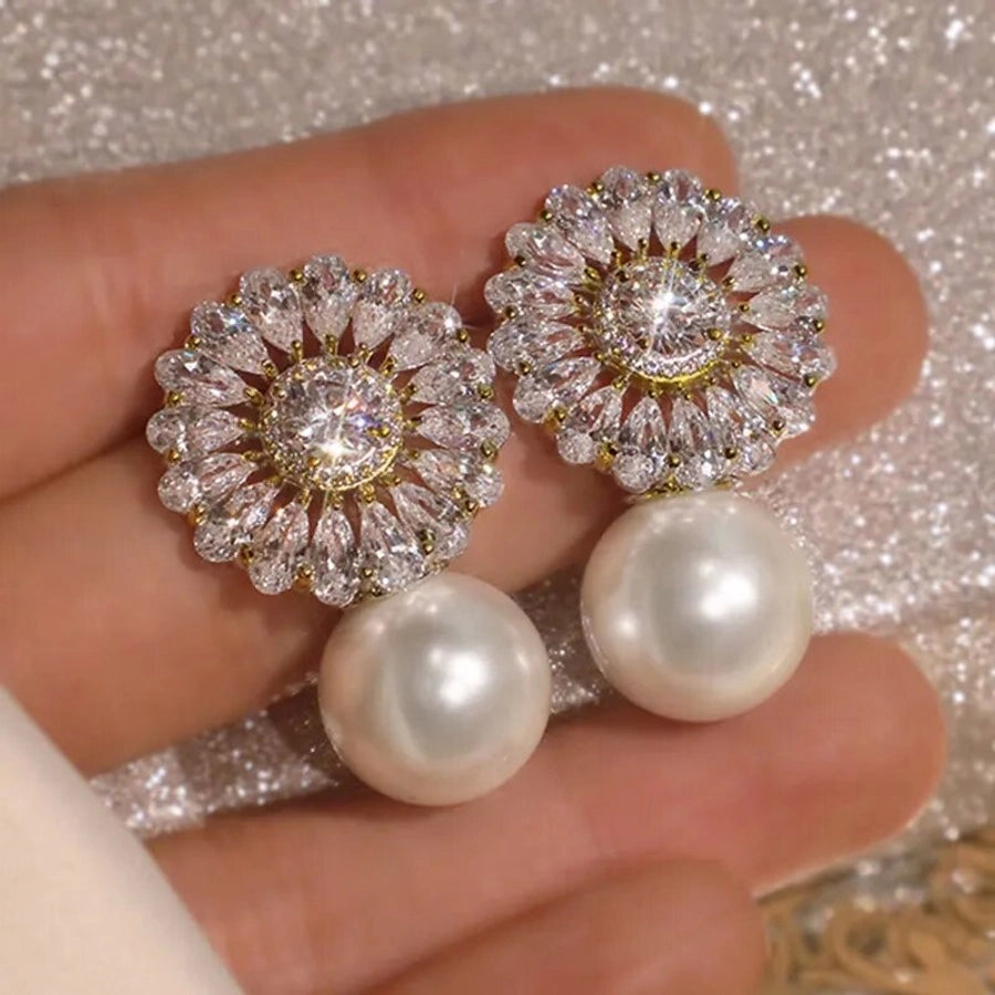 flower pearl zircon earrings