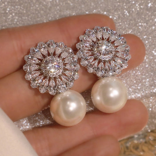 flower pearl zircon earrings